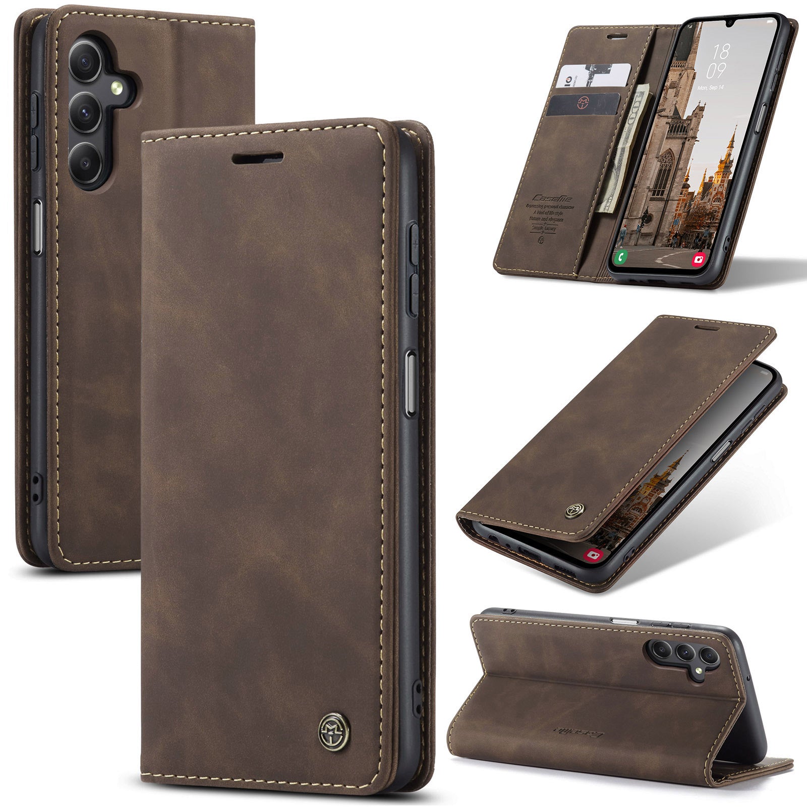 For Samsung Galaxy A16 5G / A16 4G Case CASEME 013 Series Card Holder Stand Leather Phone Cover - Coffee For Samsung Galaxy A16 5G / A16 4G Case CASEME 013 Series Card Holder Stand Leather Phone Cover - Coffee